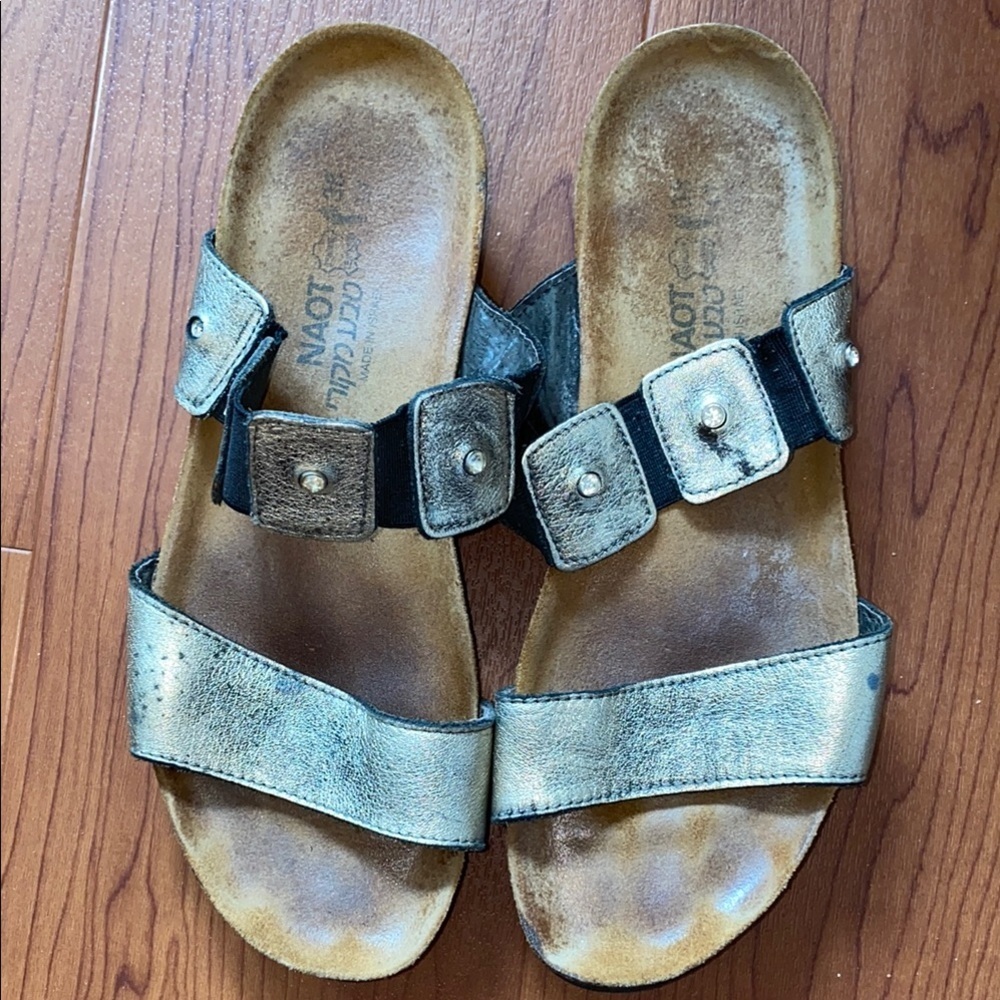 NAOT Ashley Wedge Sandals Slides Metallic Gold Double Strap Rhinestone